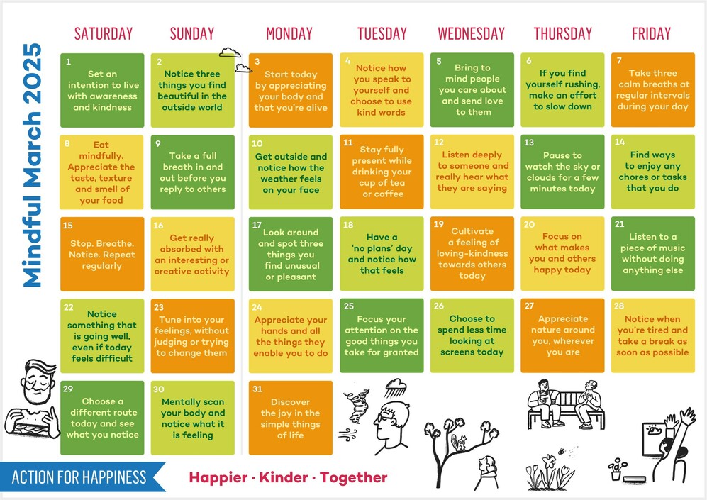 Calendar with ideas for Mindful March